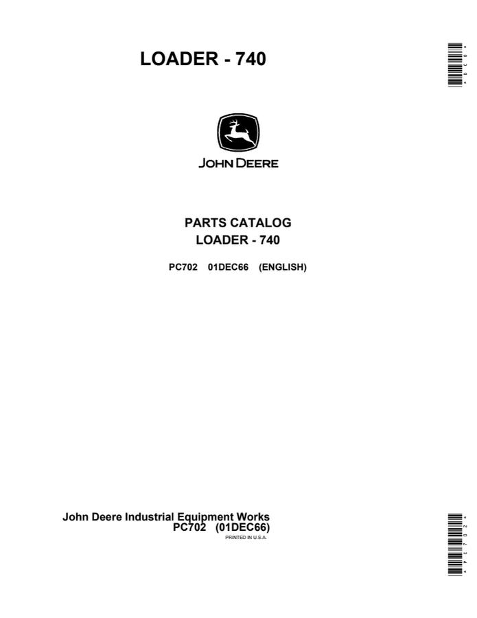 John Deere 740 Loader Parts catalog PC702 — actual manual cover
