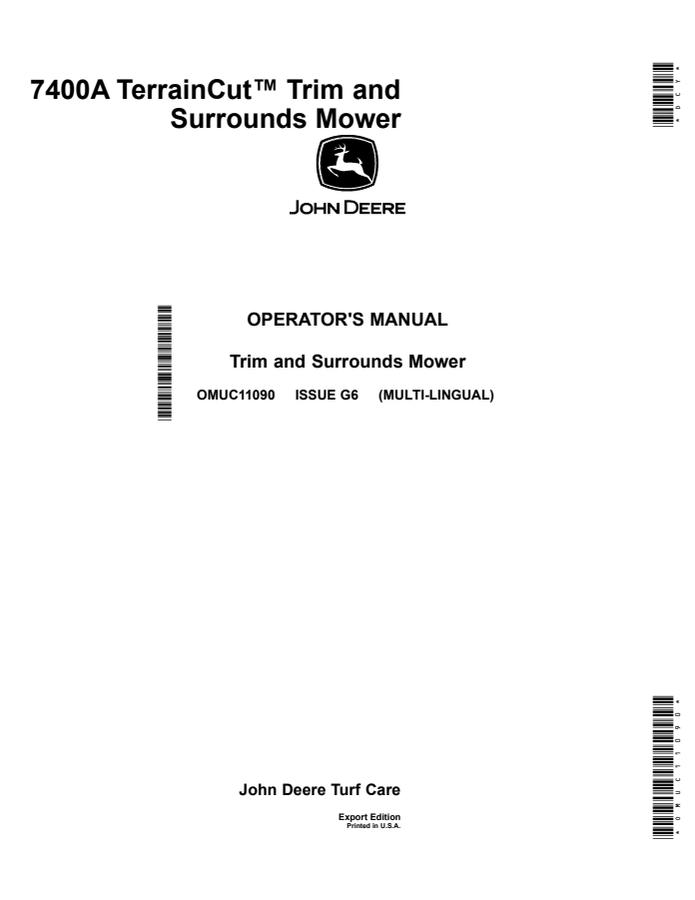 John Deere 7400A TerrainCut Trim and Surrounds Mower Export Edition Mower Operator manual OMUC11090 — actual manual cover