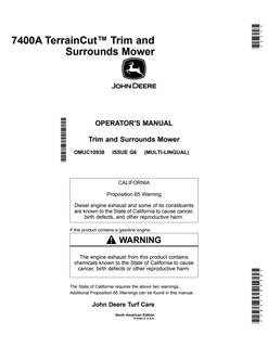 John Deere 7400A TerrainCut Trim and Surrounds Mower North American Edition Mower Operator manual OMUC10938 — actual manual cover