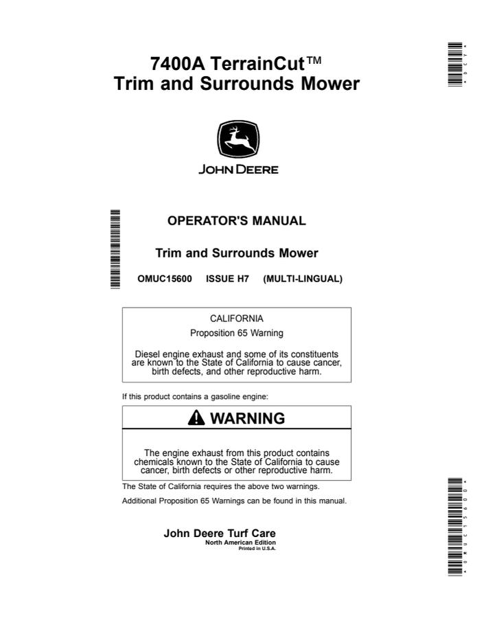 John Deere 7400A TerrainCut Trim and Surrounds Mower North American Edition Mower Operator manual OMUC15600 — actual manual cover