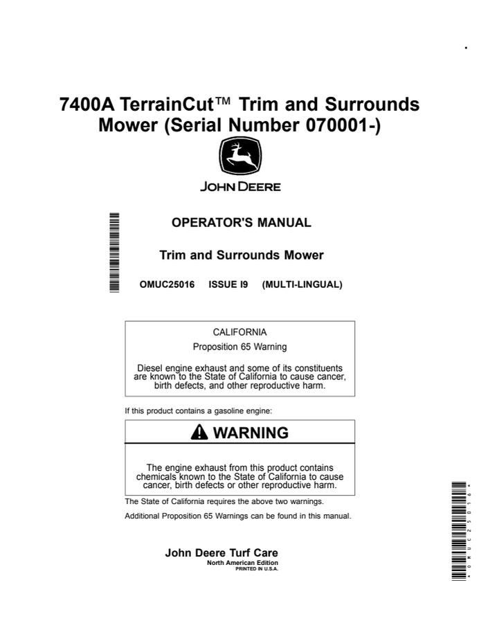 John Deere 7400A TerrainCut Trim and Surrounds Mower North American Edition Mower Operator manual OMUC25016 — actual manual cover
