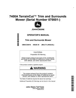John Deere 7400A TerrainCut Trim and Surrounds Mower North American Edition Mower Operator manual OMUC25016 — actual manual cover