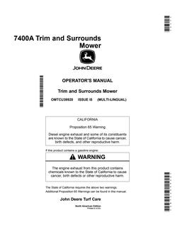 John Deere 7400A Trim and Surrounds Mower North American Edition Mower Operator manual OMTCU39920 — actual manual cover