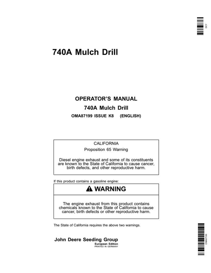 John Deere 740A Mulch Drill European Edition Mulch drill Operator manual OMA87199 — actual manual cover