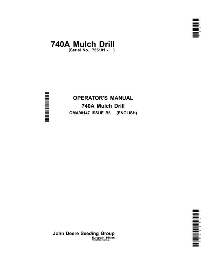 John Deere 740A Mulch Drill European Edition Mulch drill Operator manual OMA98147 — actual manual cover