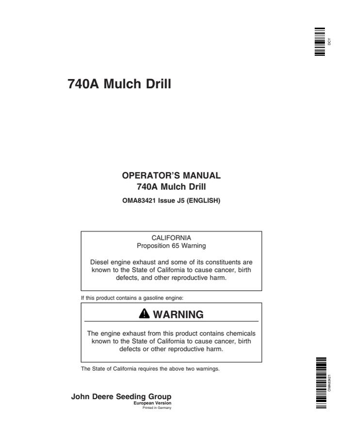 John Deere 740A Mulch Drill European Version Mulch drill Operator manual OMA83421 — actual manual cover