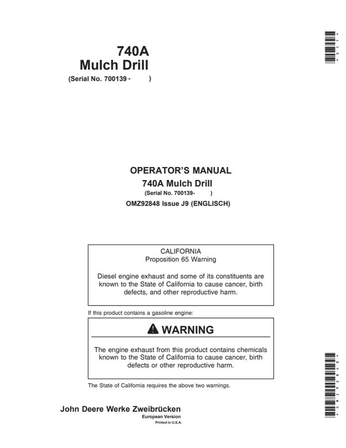 John Deere 740A Mulch Drill European Version Mulch drill Operator manual OMZ92848 — actual manual cover