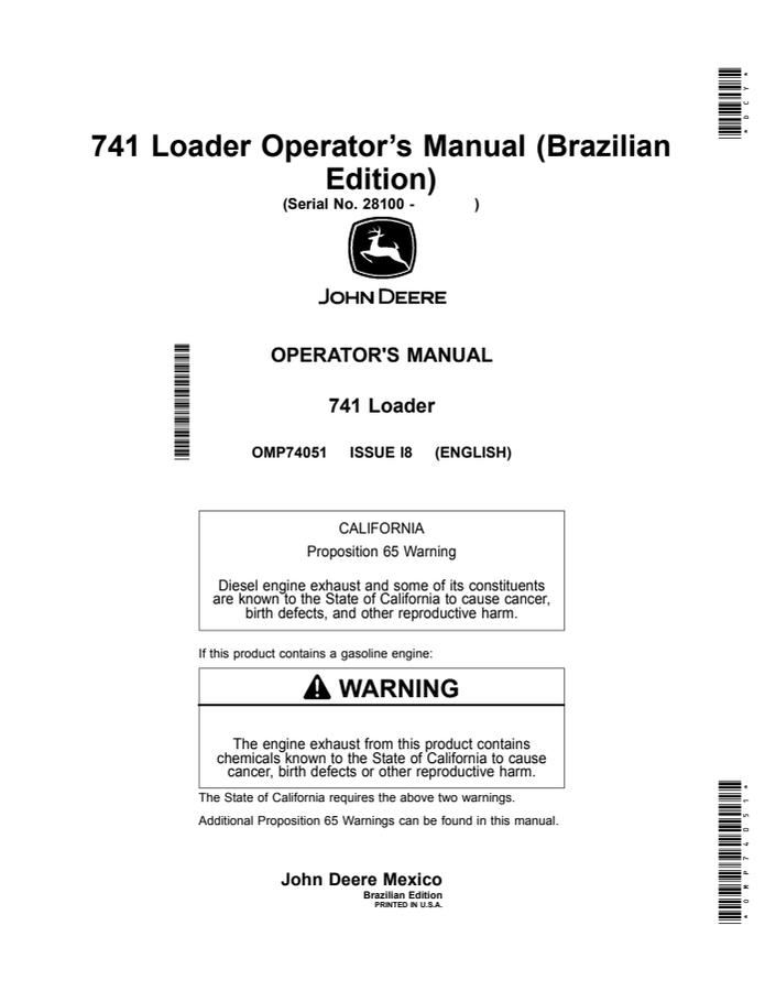 John Deere 741 Loader Brazilian Edition Loader Operator manual OMP74051 — actual manual cover