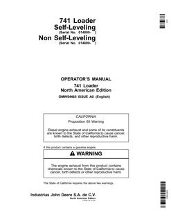 John Deere 741 Mechanical Self-Leveling Loader North American Edition Loader Operator manual OMW54465 — actual manual cover