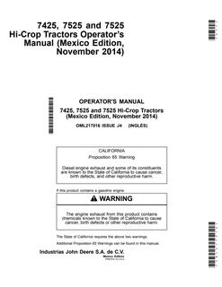 John Deere 7425, 7525 and 7525 Hi-Crop Tractors Mexico Edition Tractor Operator manual OML217016 — actual manual cover