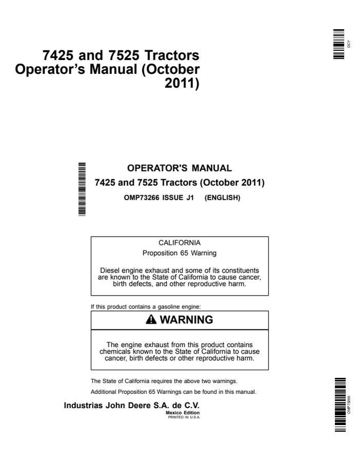 John Deere 7425 and 7525 Tractors Mexico Edition Tractor Operator manual OMP73266 — actual manual cover