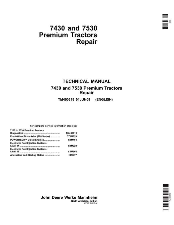 John Deere 7430, 7530 Premium Tractor Repair Technical Manual TM400319 — actual manual cover