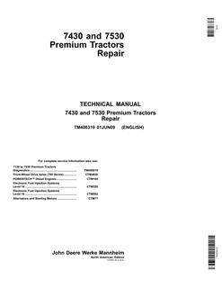 John Deere 7430, 7530 Premium Tractor Repair Technical Manual TM400319 — actual manual cover