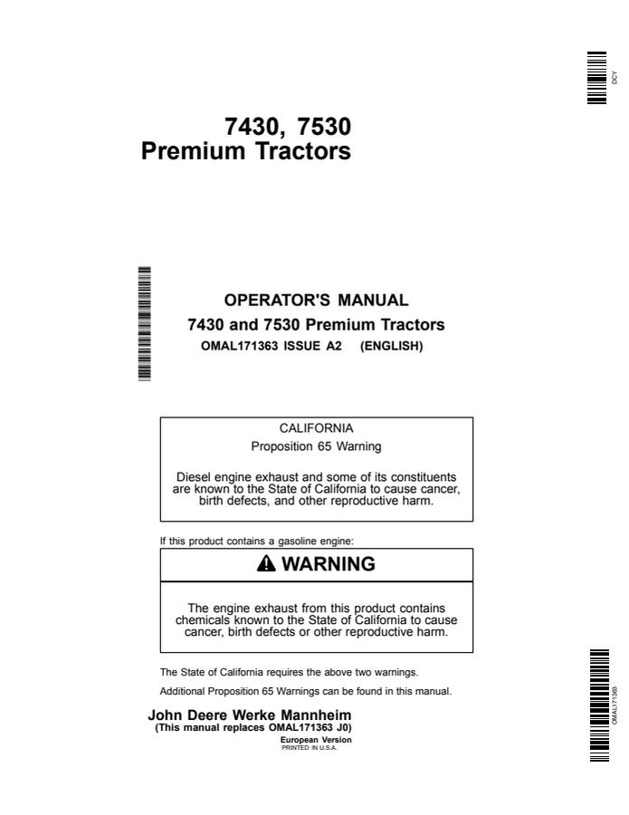 John Deere 7430 and 7530 Premium Tractors European Version Tractor Operator manual OMAL171363 — actual manual cover