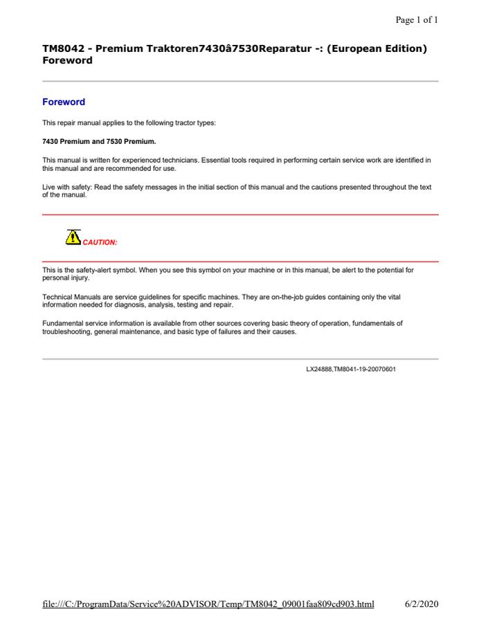 John Deere 7430 Premium, 7530 Premium Tractor Repair manual TM8042 — actual manual cover
