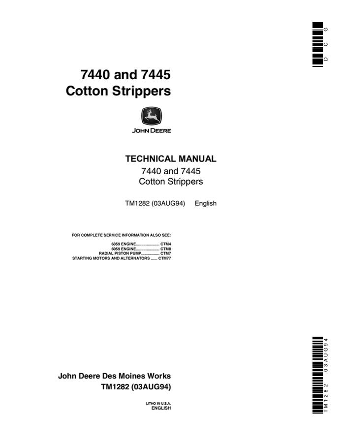John Deere 7440, 7445 Cotton stripper Technical manual — actual manual cover