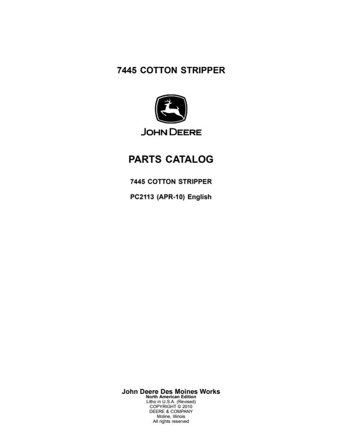 John Deere 7445 Cotton Stripper Parts Catalog — actual manual cover