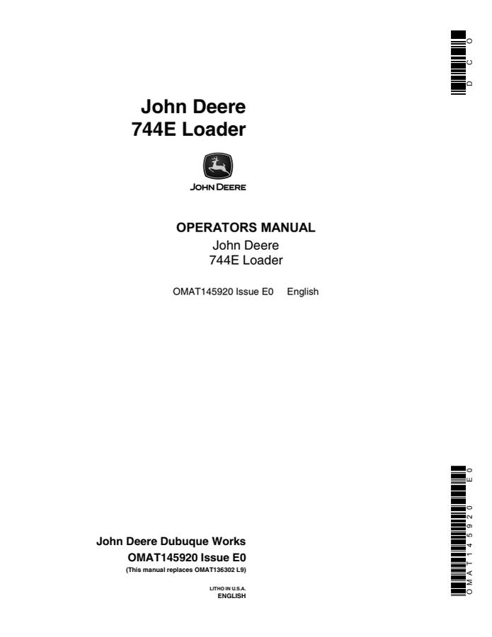 John Deere 744E Loader Loader Operator manual OMAT145920 — actual manual cover