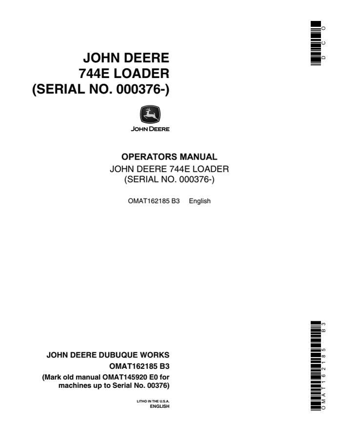 John Deere 744E Loader Loader Operator manual OMAT162185 — actual manual cover