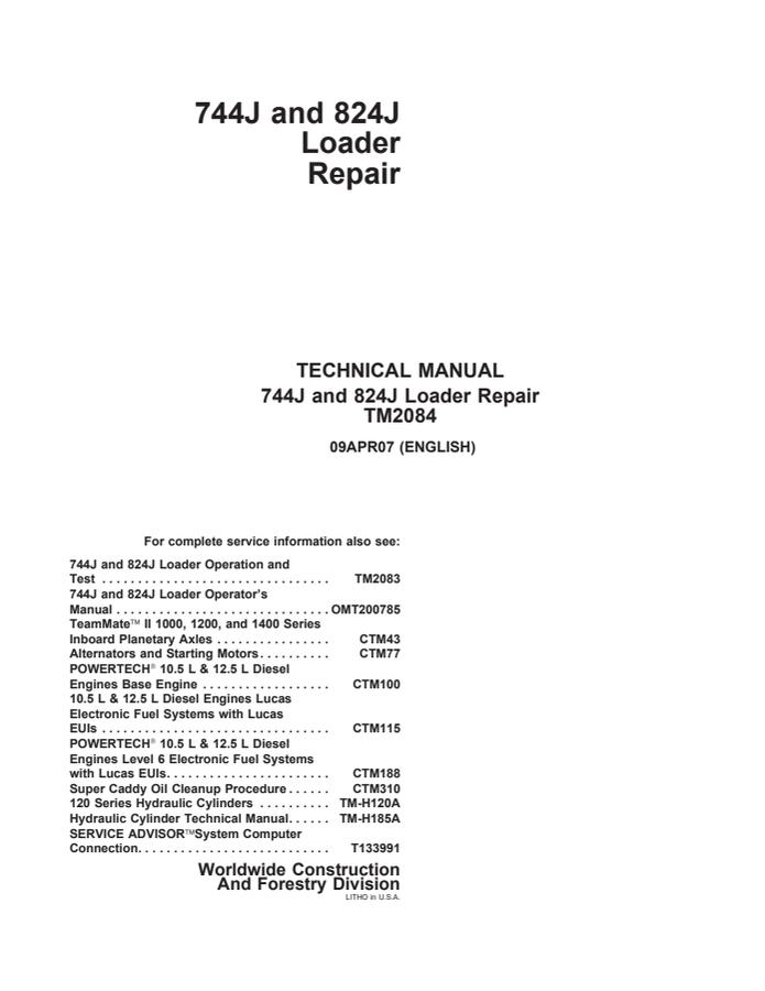 John Deere 744J, 824J Loader Repair technical manual TM2084 — actual manual cover