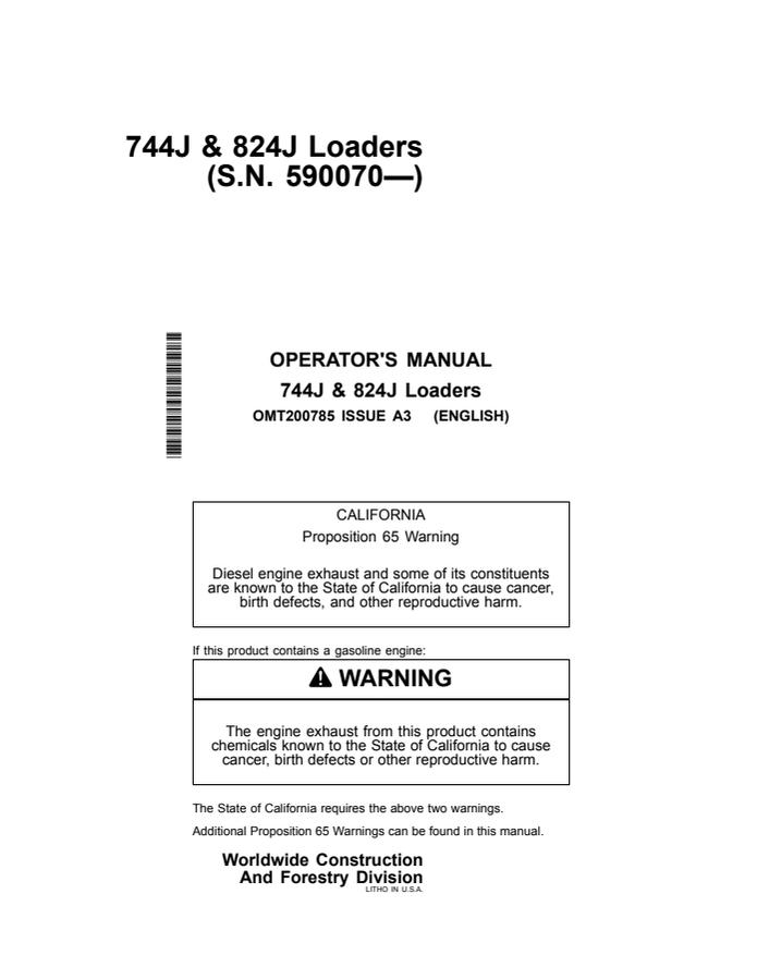 John Deere 744J and 824J Loaders Loader Operator manual OMT200785 — actual manual cover