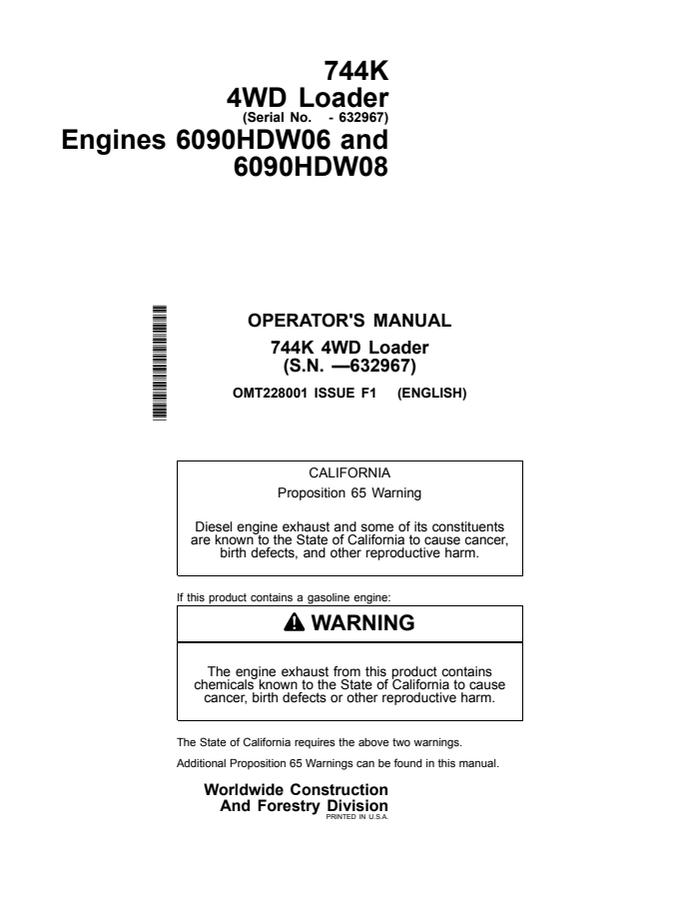 John Deere 744K 4WD Loader Loader Operator manual OMT228001 — actual manual cover
