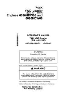John Deere 744K 4WD Loader Loader Operator manual OMT228001 — actual manual cover