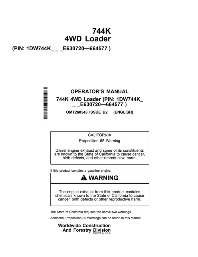 John Deere 744K 4WD Loader Loader Operator manual OMT260548 — actual manual cover