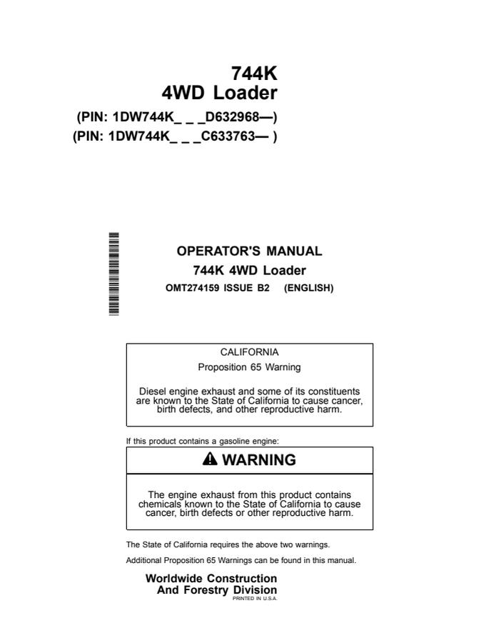 John Deere 744K 4WD Loader Loader Operator manual OMT274159 — actual manual cover