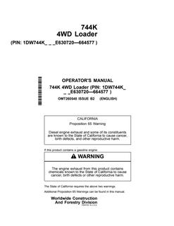 John Deere 744K Loader Operator Manual OMT260548 — actual manual cover