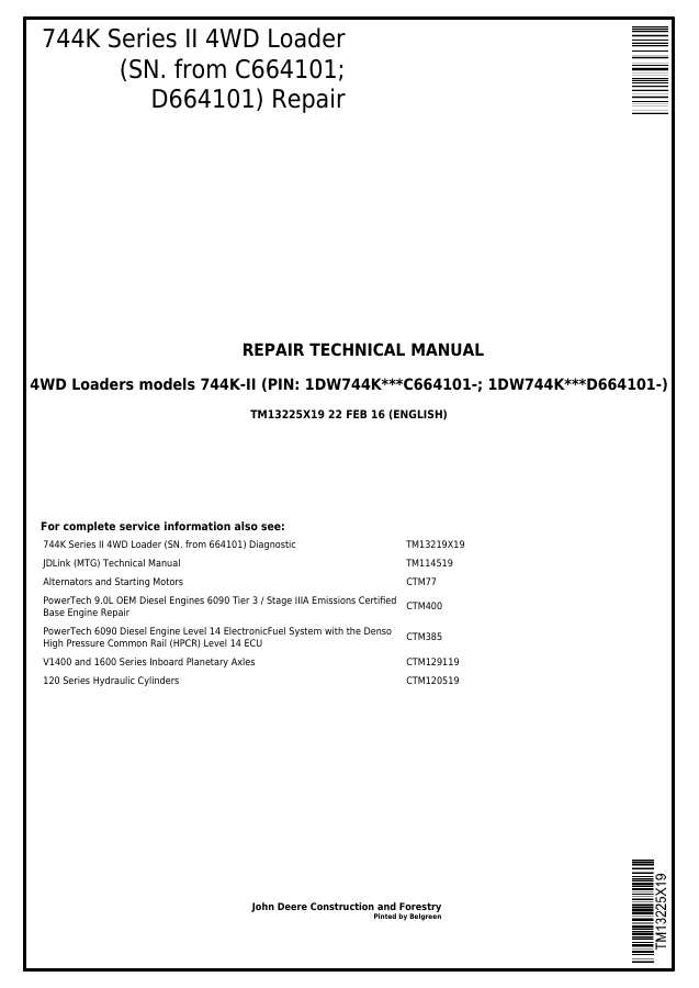 John Deere 744K Series II 4WD loader Repair Technical Manual TM13225X19 — actual manual cover
