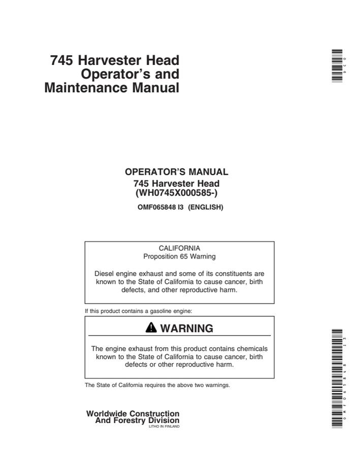 John Deere 745 Harvester Head Harvester head Operator and maintenance manual OMF065848 — actual manual cover