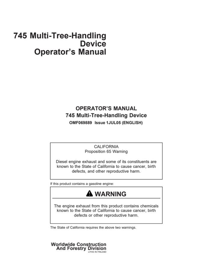 John Deere 745 Multi-Tree-Handling Device Tree handling device Operator manual OMF069889 — actual manual cover