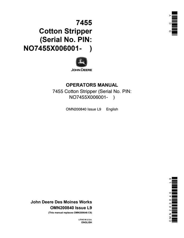 John Deere 7455 Cotton Stripper Operator's Manual — actual manual cover