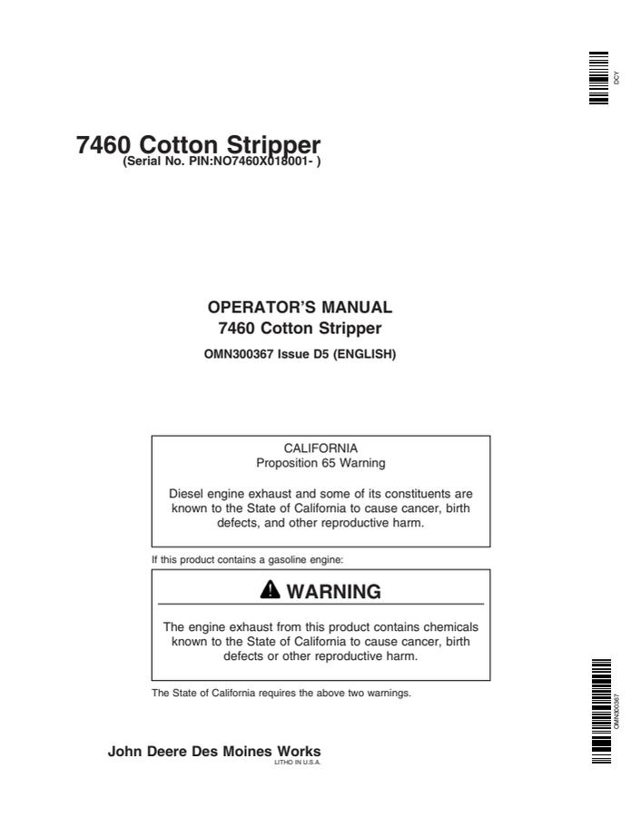 John Deere 7460 Cotton Stripper Cotton stripper Operator manual OMN300367 — actual manual cover