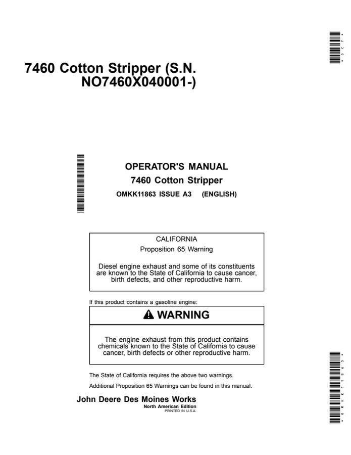 John Deere 7460 Cotton Stripper North American Edition Cotton stripper Operator manual OMKK11863 — actual manual cover