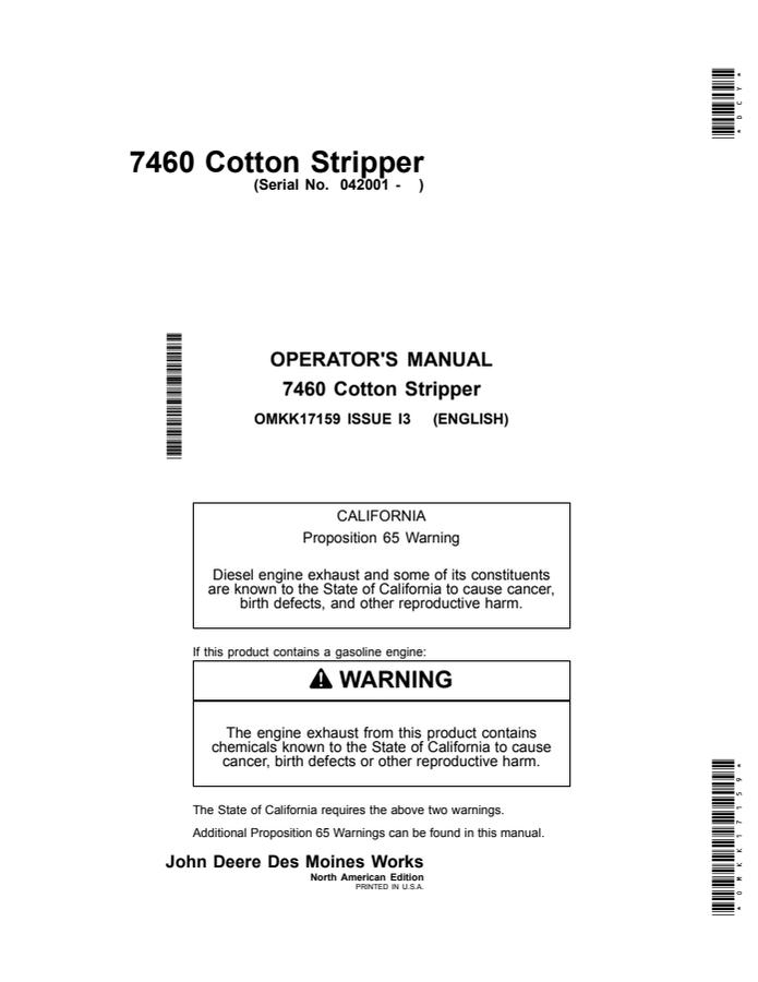 John Deere 7460 Cotton Stripper North American Edition Cotton stripper Operator manual OMKK17159 — actual manual cover