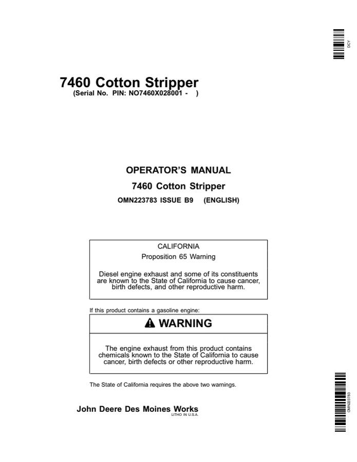 John Deere 7460 Cotton Stripper Operator Manual OMN223783 — actual manual cover