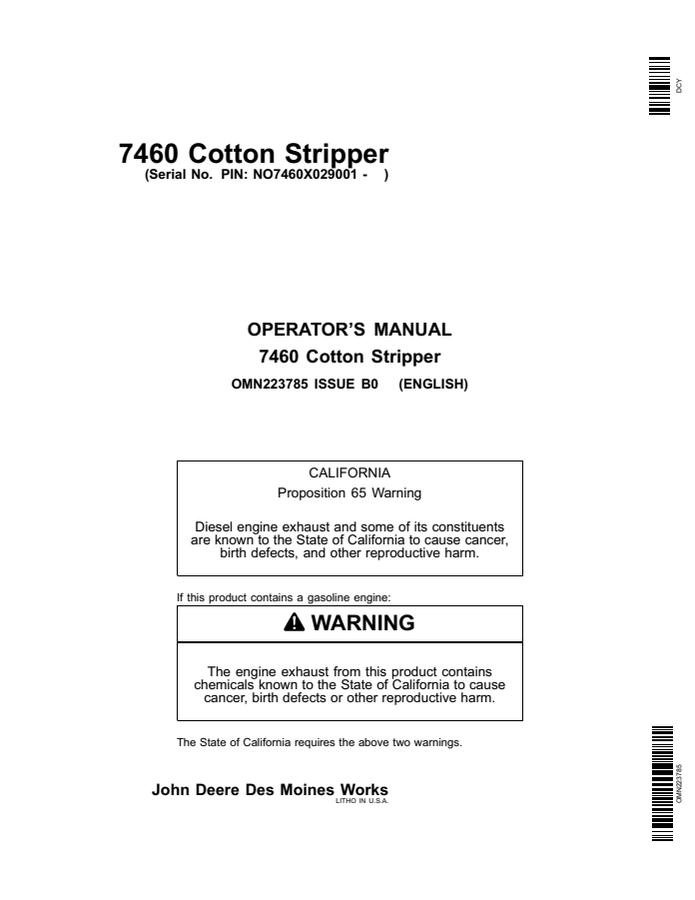 John Deere 7460 Cotton Stripper Operator's Manual OMN223785 — actual manual cover