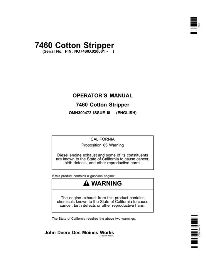 John Deere 7460 Cotton Stripper Operator's Manual OMN300472 — actual manual cover