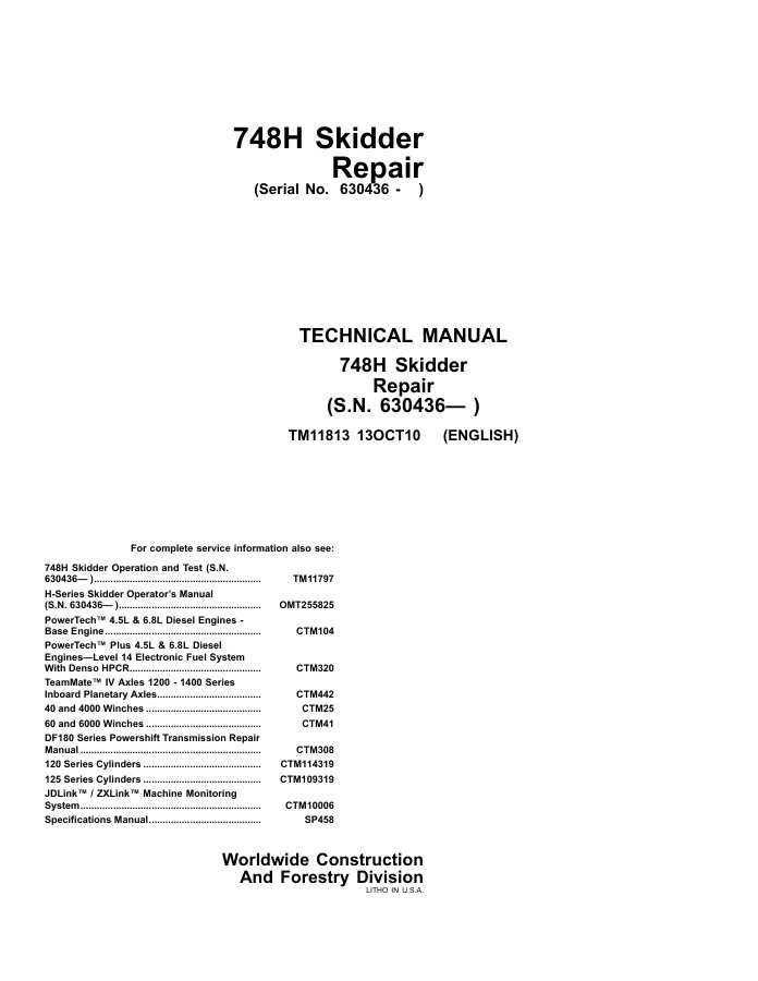 John Deere 748H Skidder Repair technical manual TM11813 — actual manual cover