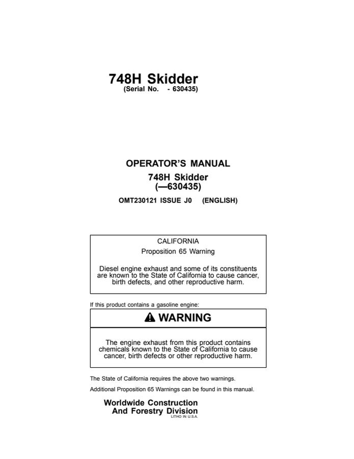 John Deere 748H Skidder Skidder Operator manual OMT230121 — actual manual cover