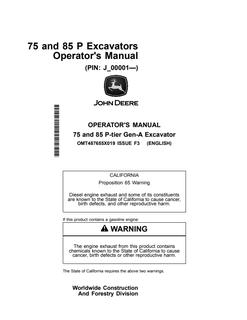 John Deere 75 and 85 P-Tier Gen-A Excavators Excavator Operator manual OMT487655X019 — actual manual cover