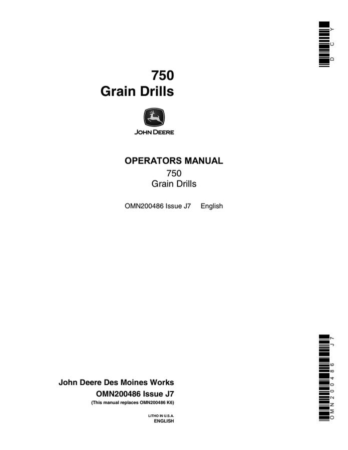 John Deere 750 Grain Drills Grain drill Operator manual OMN200486 — actual manual cover
