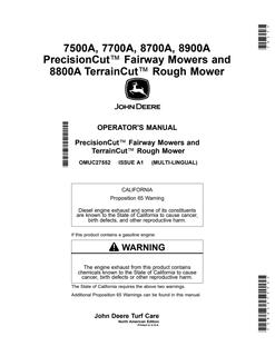 John Deere 7500A, 7700A, 8700A, 8900A; 8800A Fairway/rough mower Operator manual OMUC27552 — actual manual cover