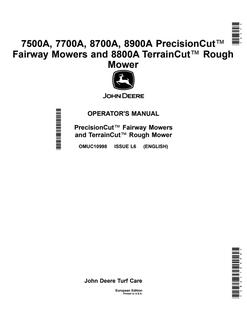 John Deere 7500A, 7700A, 8700A, 8900A PrecisionCut Fairway Mowers and 8800A TerrainCut Rough Mower European Edition Fairway and rough mower Operator manual OMUC10998 — actual manual cover