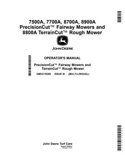 John Deere 7500A, 7700A, 8700A, 8900A PrecisionCut Fairway Mowers and 8800A TerrainCut Rough Mower Export Edition Fairway and rough mower Operator manual OMUC19286 — actual manual cover