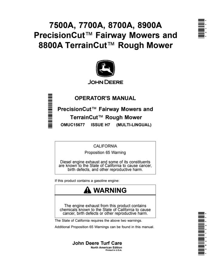 John Deere 7500A, 7700A, 8700A, 8900A PrecisionCut Fairway Mowers and 8800A TerrainCut Rough Mower North American Edition Fairway and rough mower Operator manual OMUC15677 — actual manual cover