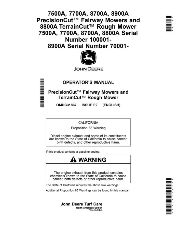 John Deere 7500A, 7700A, 8700A, 8900A PrecisionCut Fairway Mowers and 8800A TerrainCut Rough Mower North American Edition Fairway and rough mower Operator manual OMUC31867 — actual manual cover
