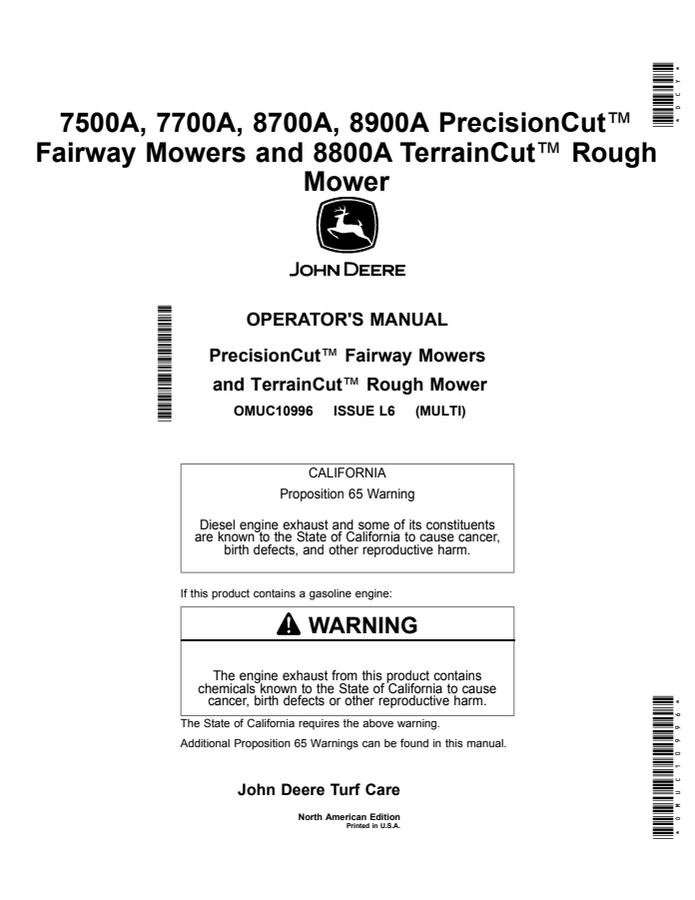 John Deere 7500A, 7700A, 8700A and 8900A PrecisionCut Fairway Mowers and 8800A TerrainCut Rough Mower North American Edition Fairway and rough mower Operator manual OMUC10996 — actual manual cover